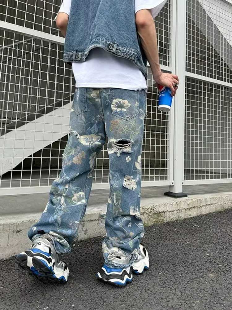 2024 Y2K Streetwear Clothing Flowers Print Ripped Baggy Jeans Pants Men Design Clothes Straight Grunge Denim Trousers Mens Pants X250812