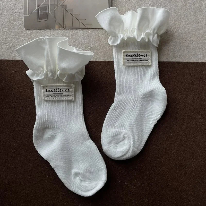Autumn Kids Girl Sock Chic Korean Simplicity Ruffle Calf for Children Balck White Color Clothes Accessories 250812