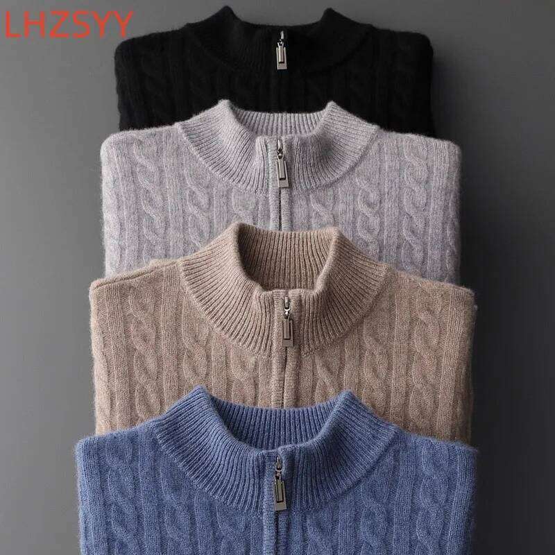 LHZSYY 2022 Winter 100% Cashmere Sweaters Men's New Thicken Twist Tops Zipper Collar Base Shirts Youth Large Size Knit Pullovers 250812