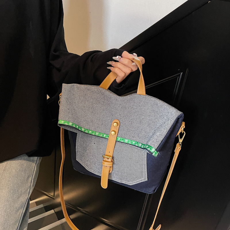 Denim for Women New Color-Block Fashion Versatile Shoulder Large Capacity Commuter Crossbody Tote Bag