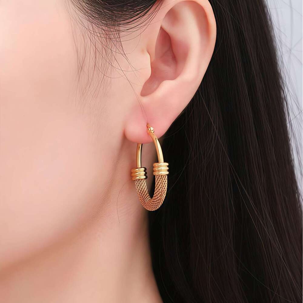 Personalized Mesh Half-Wrapped Titanium Gold-Plated Anti-Fade Craft Stainless Steel Earrings