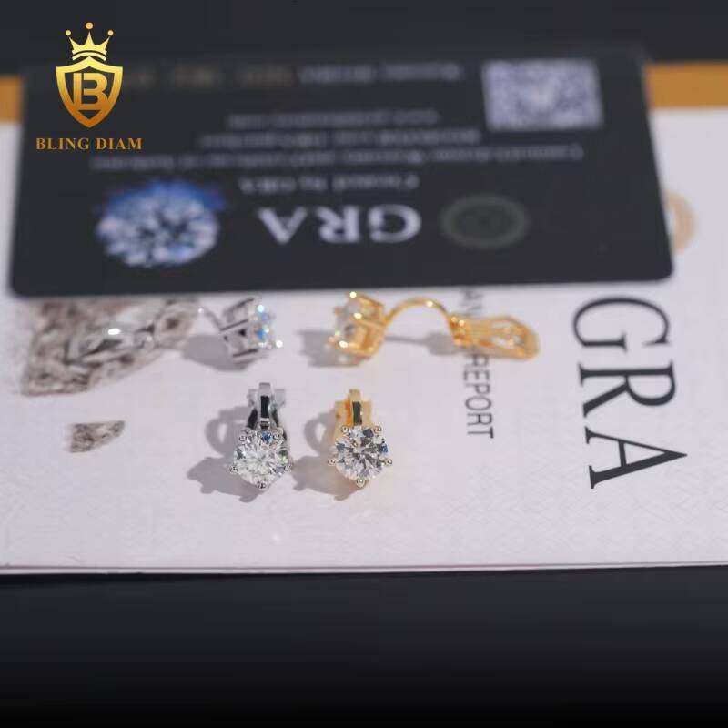 Hot Sale GRA Certificate VVS1 Moissanite Round Brilliant Cut Diamond Ear Clip 925 Sterling Silver Gold Plated Hiphop Style