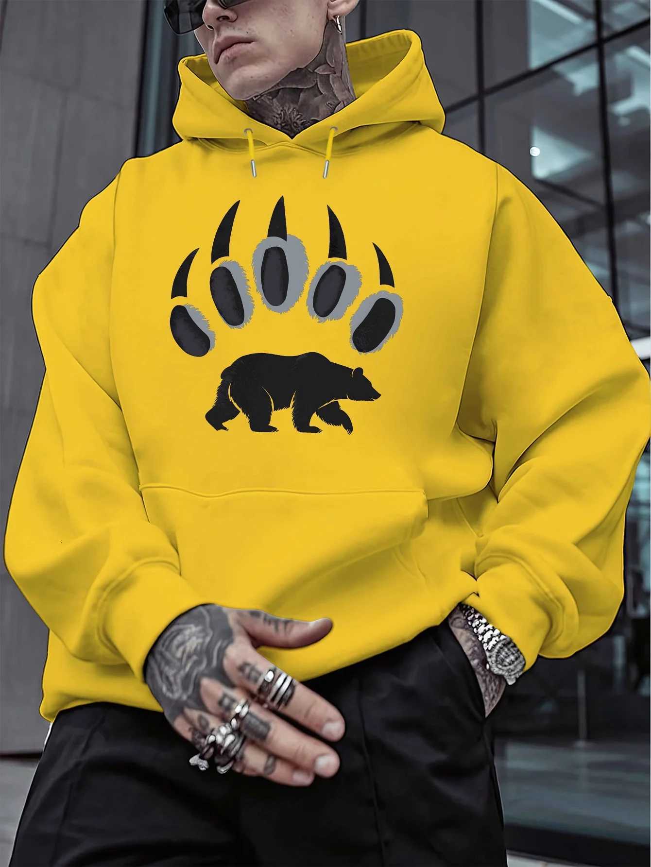 Mens Casual Hooded Sweatshirt with Bear Claw Print | Long Sleeve Regular Fit | Versatile Loose Hoodie for All Seasons Y250811