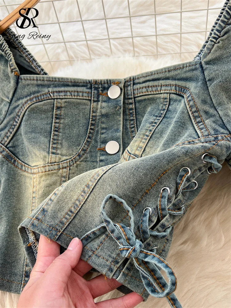 SINGREINY American Retro Denim Sets Women Puff Sleeves Buttons Mini TopsHigh Waist Slim Long Pants Summer Two Pieces Suits 250806