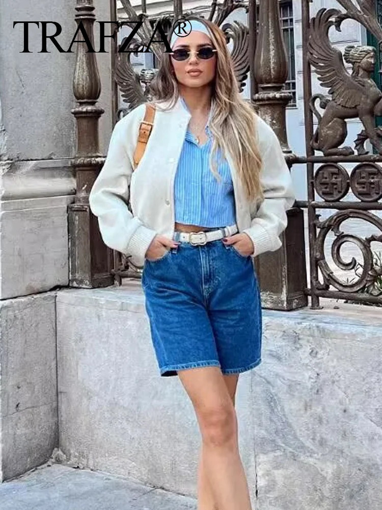 TRAFZA Fashion Women Soft Texture Cropped Bomber Jacket Autumn Long Sleeve O-Neck Tweed With Pockets Single Breasted Coats 250804