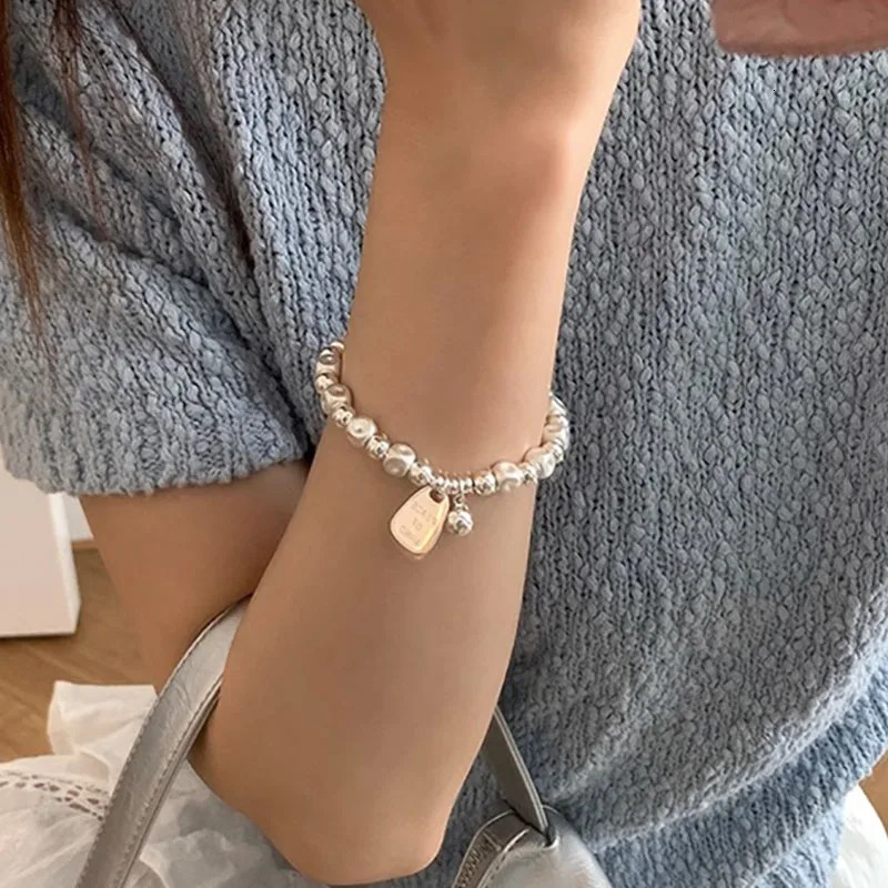 Foxanry Irregular Bead Chain Elastic Bracelets for Women Couples Fashion Vintage Handmade English Letter Tag Party Jewelry 250807