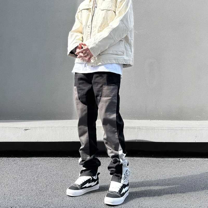 American Fashion Embroidery Black Gray Color Block Jeans Casual Black Pants Jeans Streetwear Y2k Mens Stacked Denim Logging Pants X250812