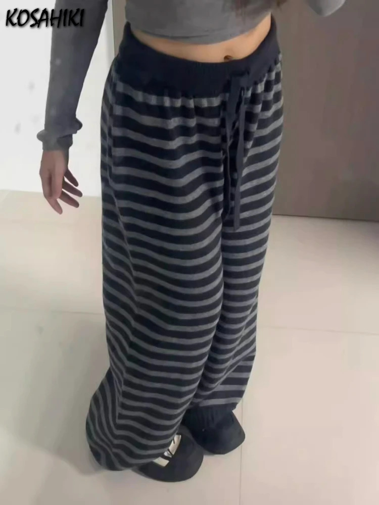 Harajuku Contrast Color Stripe Wide Leg Trousers Vintage Grunge Loose Knitted Casual Pant Y2k Aesthetic Women Straight Pants 250811