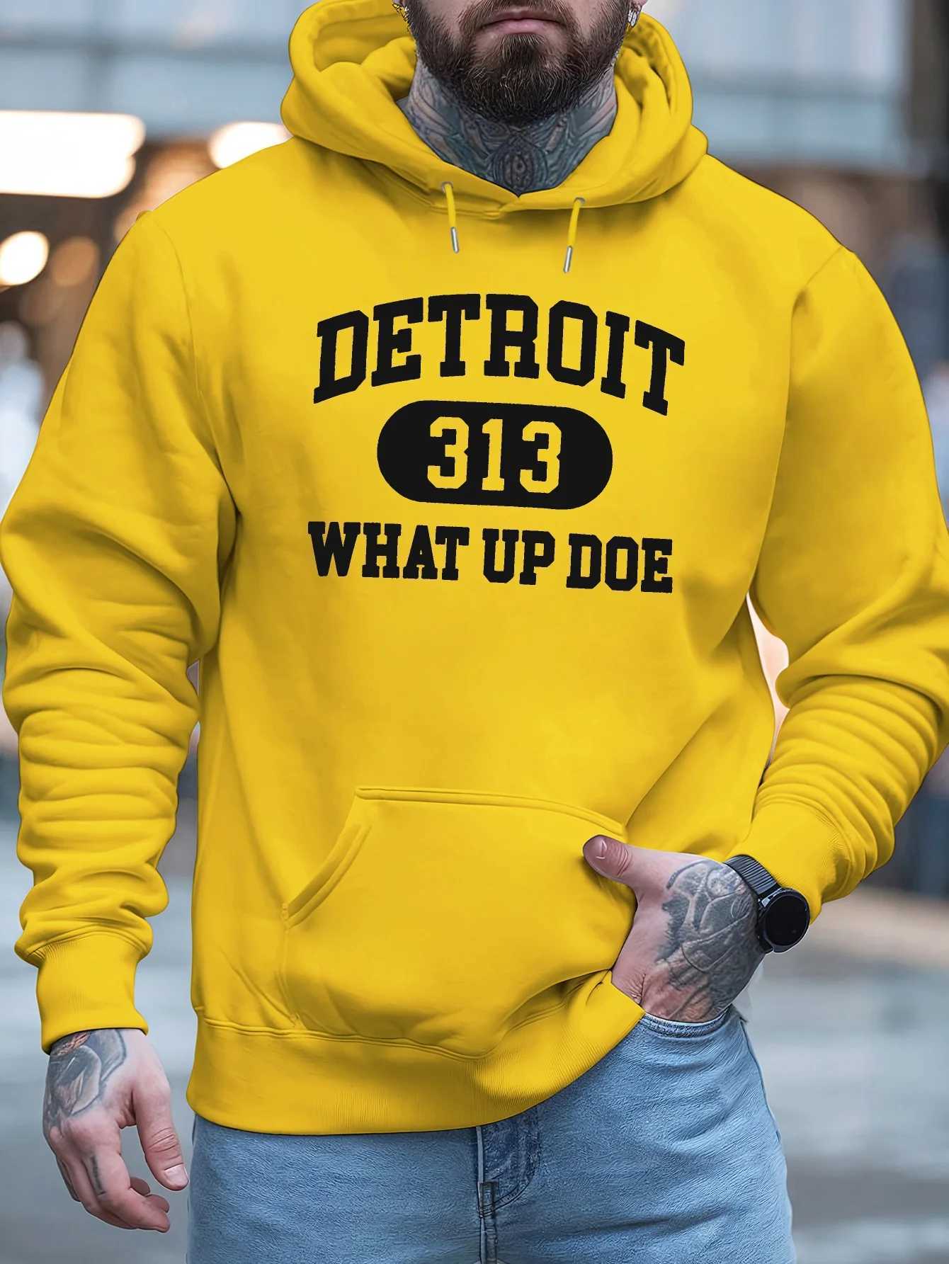 DETROIT 313 WHAT UP DOE MenS Hooded Sweatshirt - Casual Long Sleeve Printed Pullover for Autumn Winter loose Sweatshirts Y250811