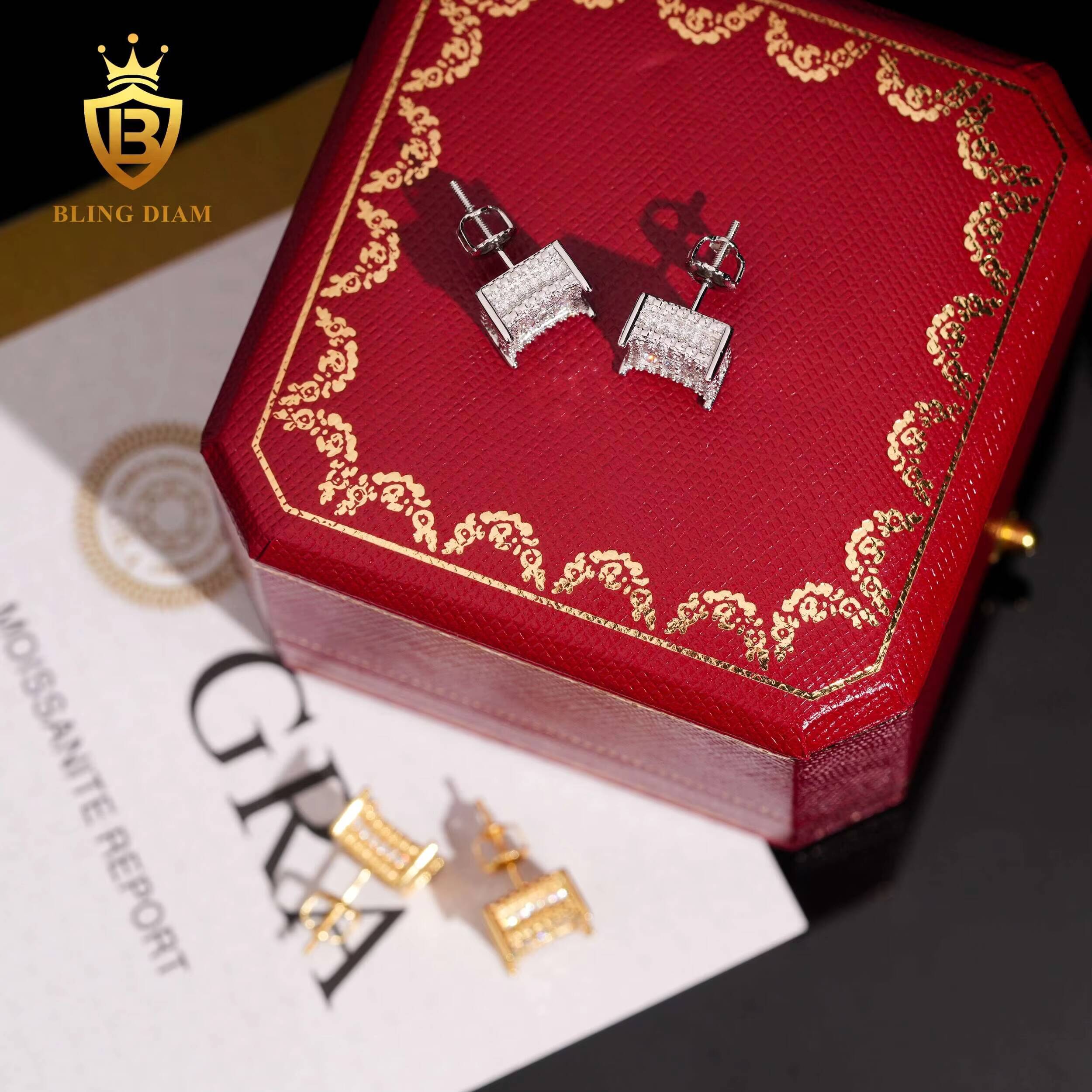 Hot Sale VVS1 Iced Out Moissanite Fashion Earring 925 Sterling Silver Gold Plated Hiphop Style GRA Certificate Past Diamond Test