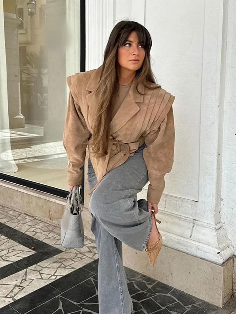 Women High Street Leather Jacket Versatile Brown Long Sleeves V-neck Lace-up Jacket Coats Winter Causal Chic Female Outwear 250811