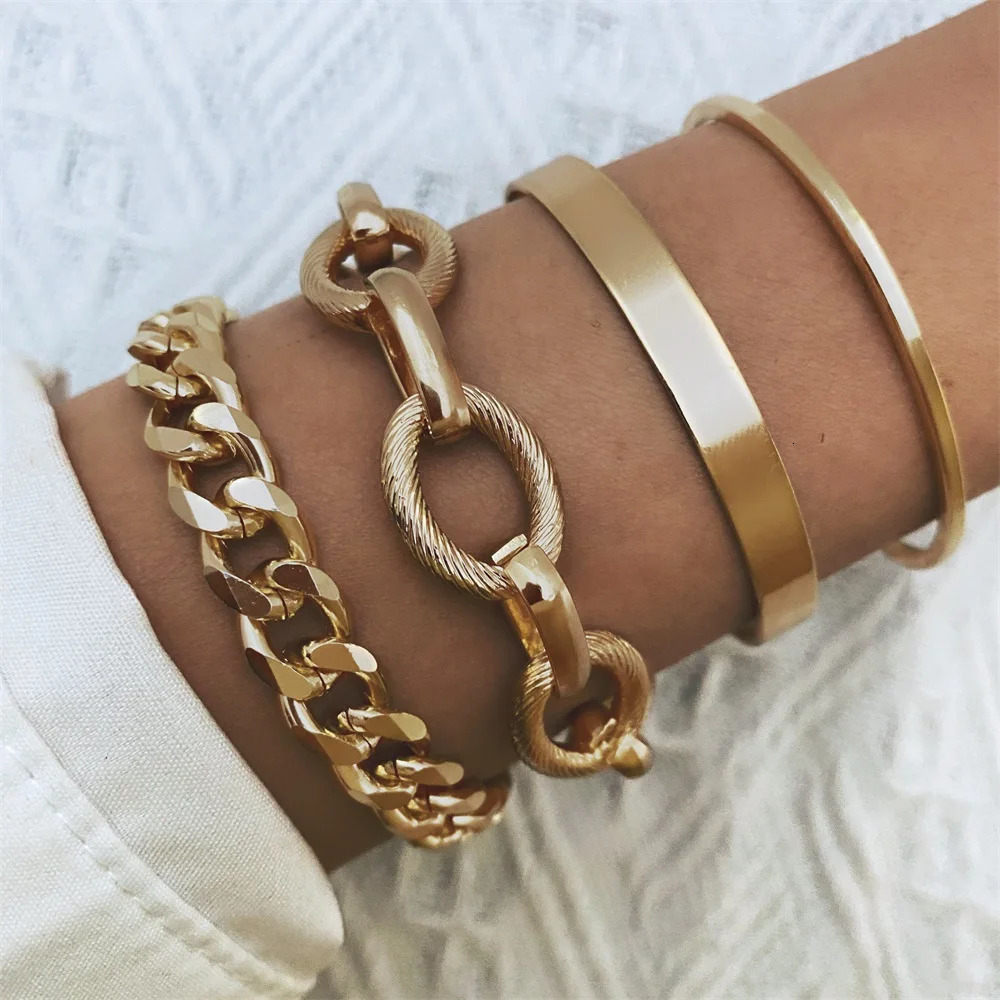 4Pcs Punk Heavy Metal Big Thick Chain Bracelet Set Women Retro Geometric Metal Twist Chain Bangles Bracelet Fashion Jewelry 250811