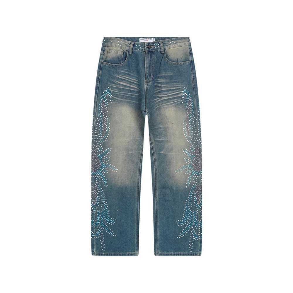 Streetwear Hot Drill Shinning Color Rhinestone Washed Baggy Jeans for Men and Women Straight Loose Casual Denim Pants Oversized X250812