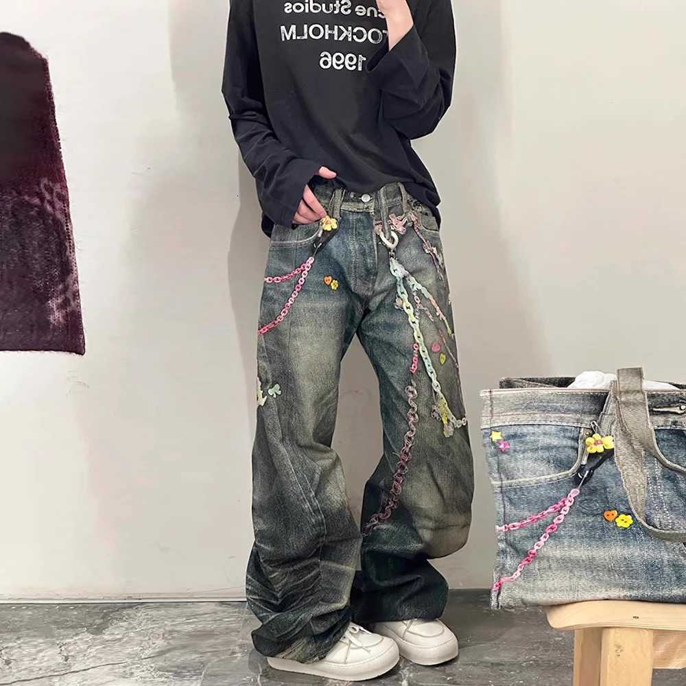 3D Printed Candy Chain Denim Washed Jeans Baggy Fashion Curved Blade Harem Jeans Pants Men Y2k Wide Leg Trousers X250812