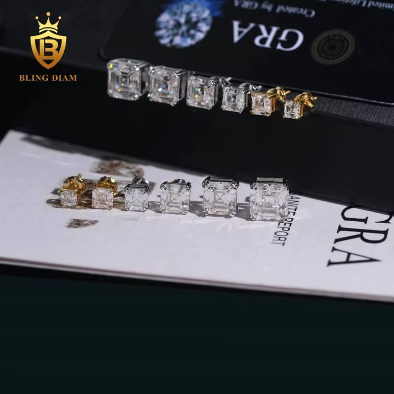 Hot Sale GRA Certificate 4mm-9mm Princess Square Cut Moissanite Diamond Earrings 925 Sterling Silver Hip Hop Stud Earrings Set