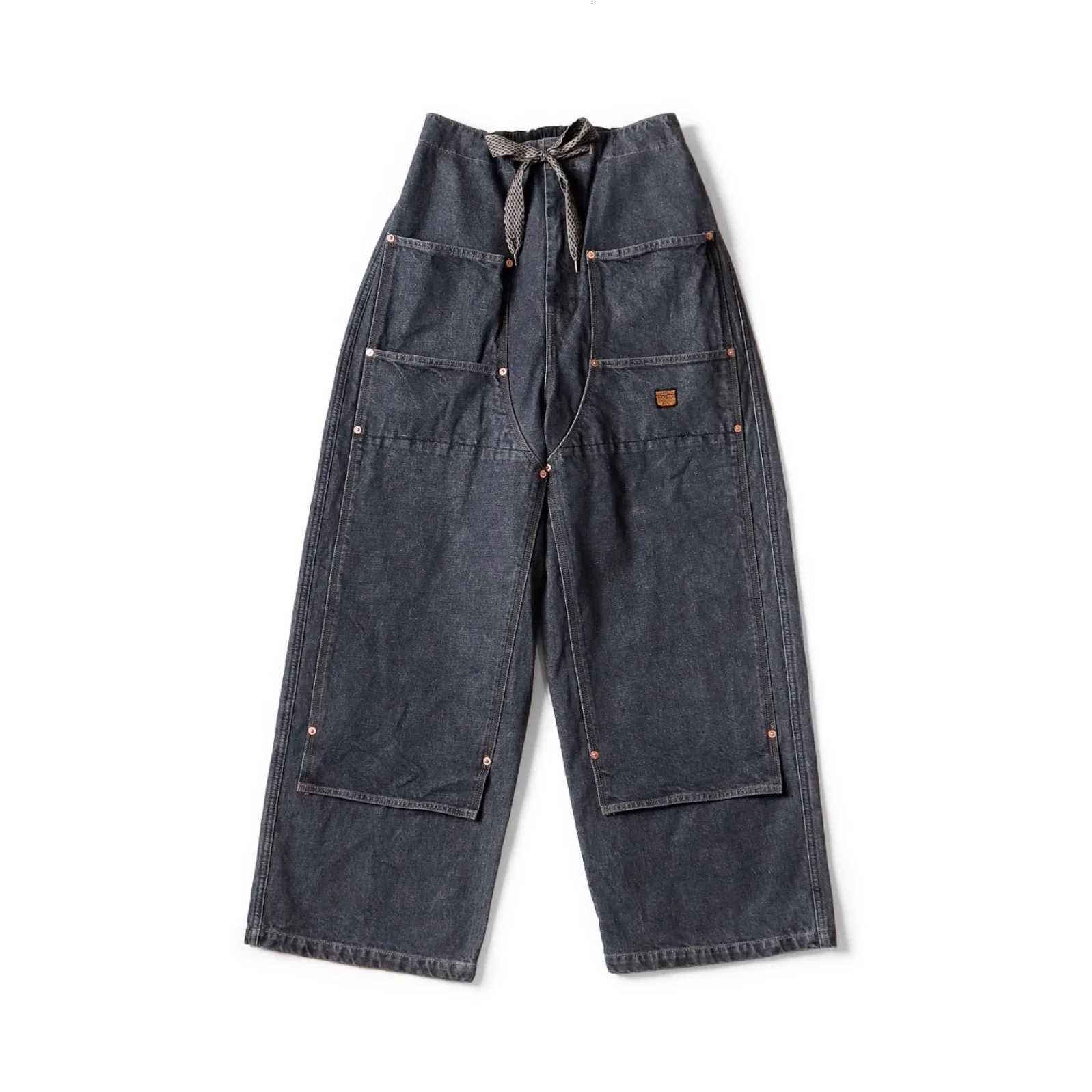 25SS Hirata Hiroshi Japanese Casual Denim Drawstring Large Pocket Logging Pants for Men Arrival X250812