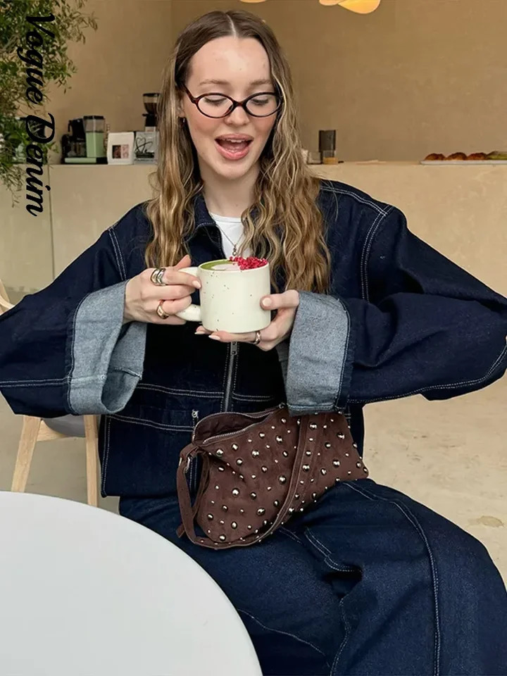 Denim Woman Trousers Two-piece Set Zipper Pockets Revers Sleeve Coats Basic Straight crimping Hem Jeans Casual Lady Outfits 250811