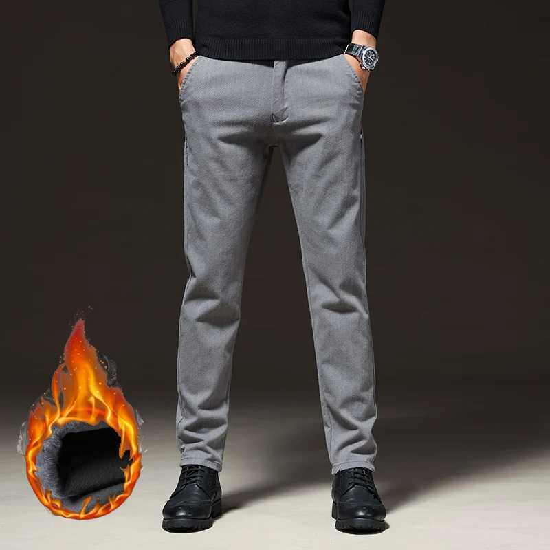 Winter Mens Warm Fleece Stretch Business Pants Elastic Waist Thick Fur Cotton Soft Slim Straight Trousers Male Brand Clothing W250812