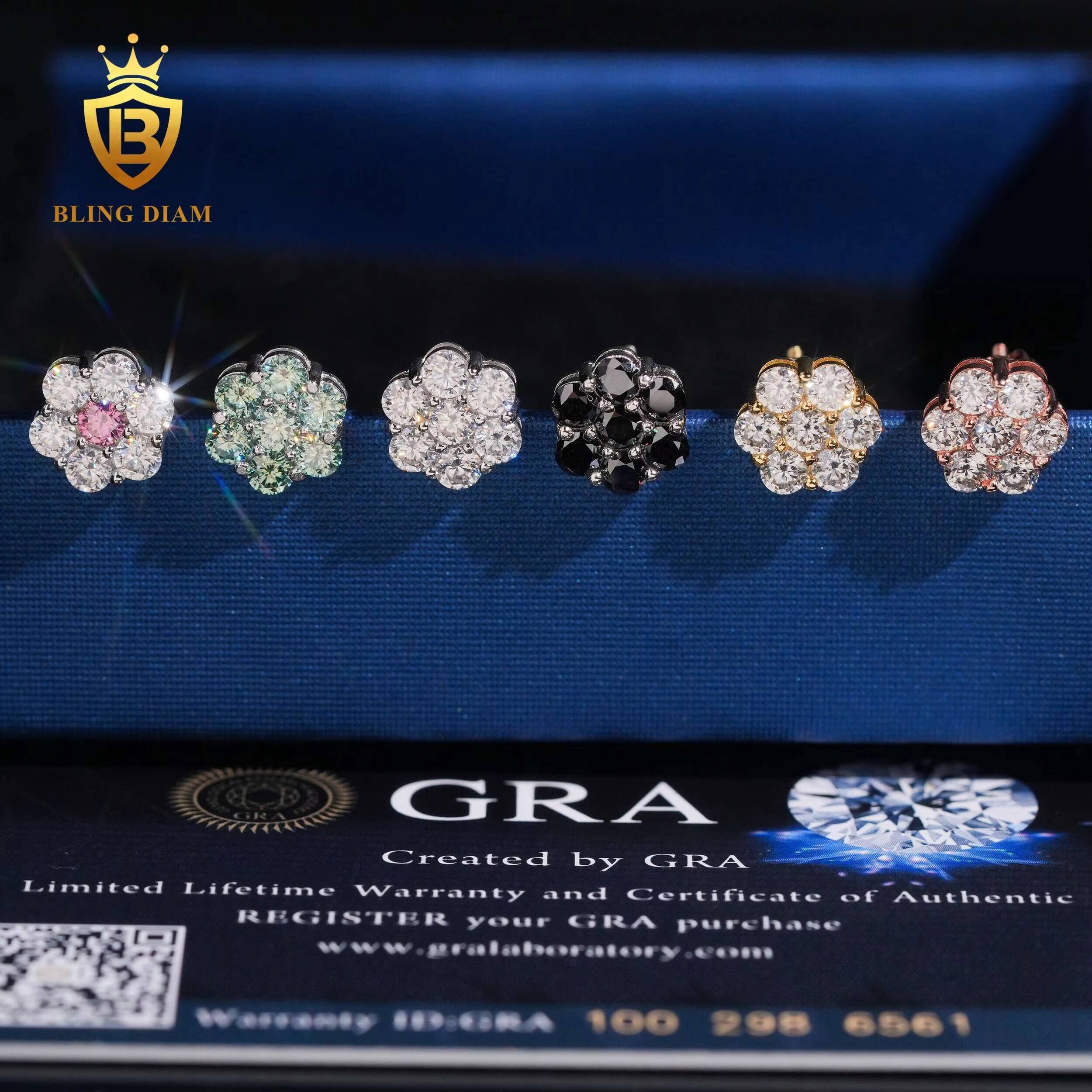 Hip Hop Fine Jewelry Sterling Silver 925 VVS Moissanite Diamond Stud Earrings Iced Out Flower Earrings