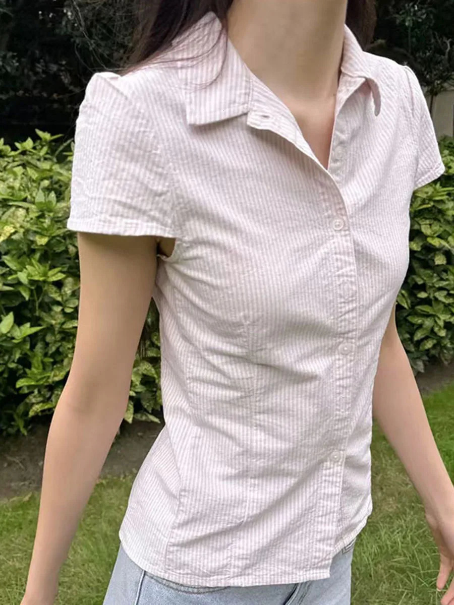 Pink Striped Slim Short Sleeve Blouse Women Summer Turndown Collar Single Breasted Blouses Chic Preppy Style Sweet Shirt Top 250806