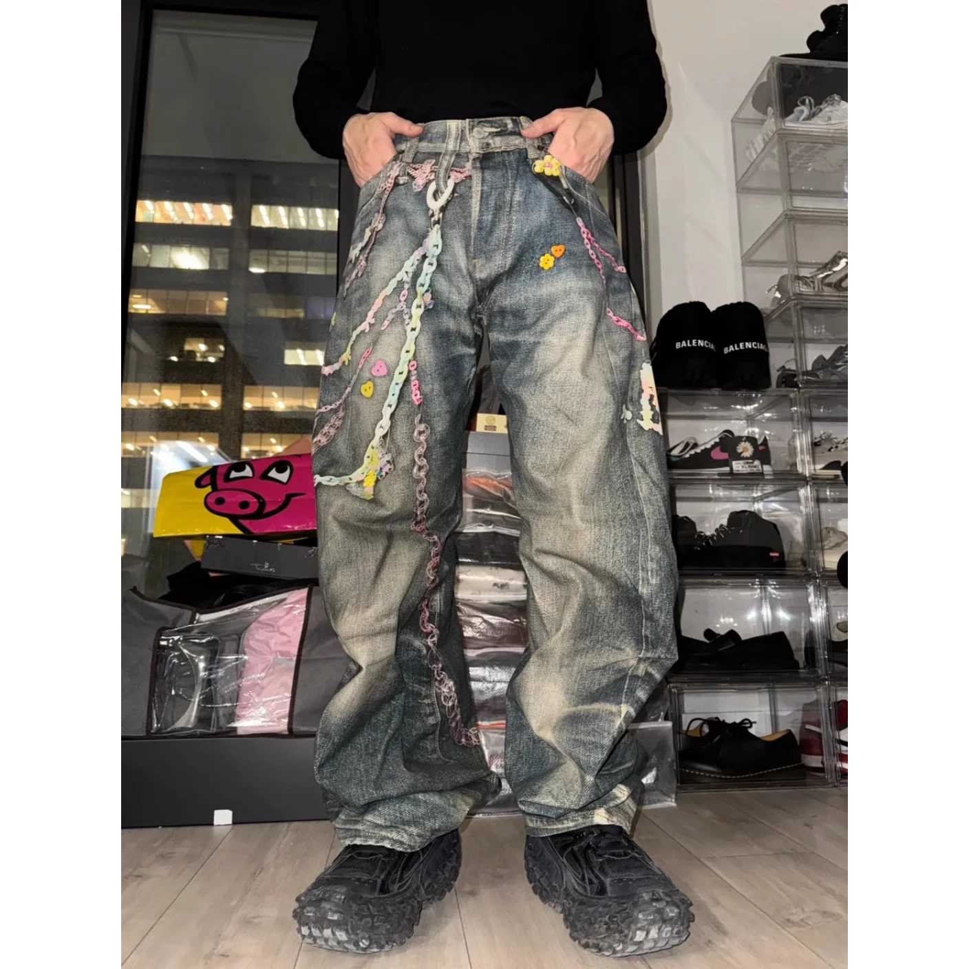 High Street Personalized 3D Printed Chain Hanging Decoration Baggy Jeans Pants Mens Distressed Straight Wide Leg Jeans Plus Size X250812