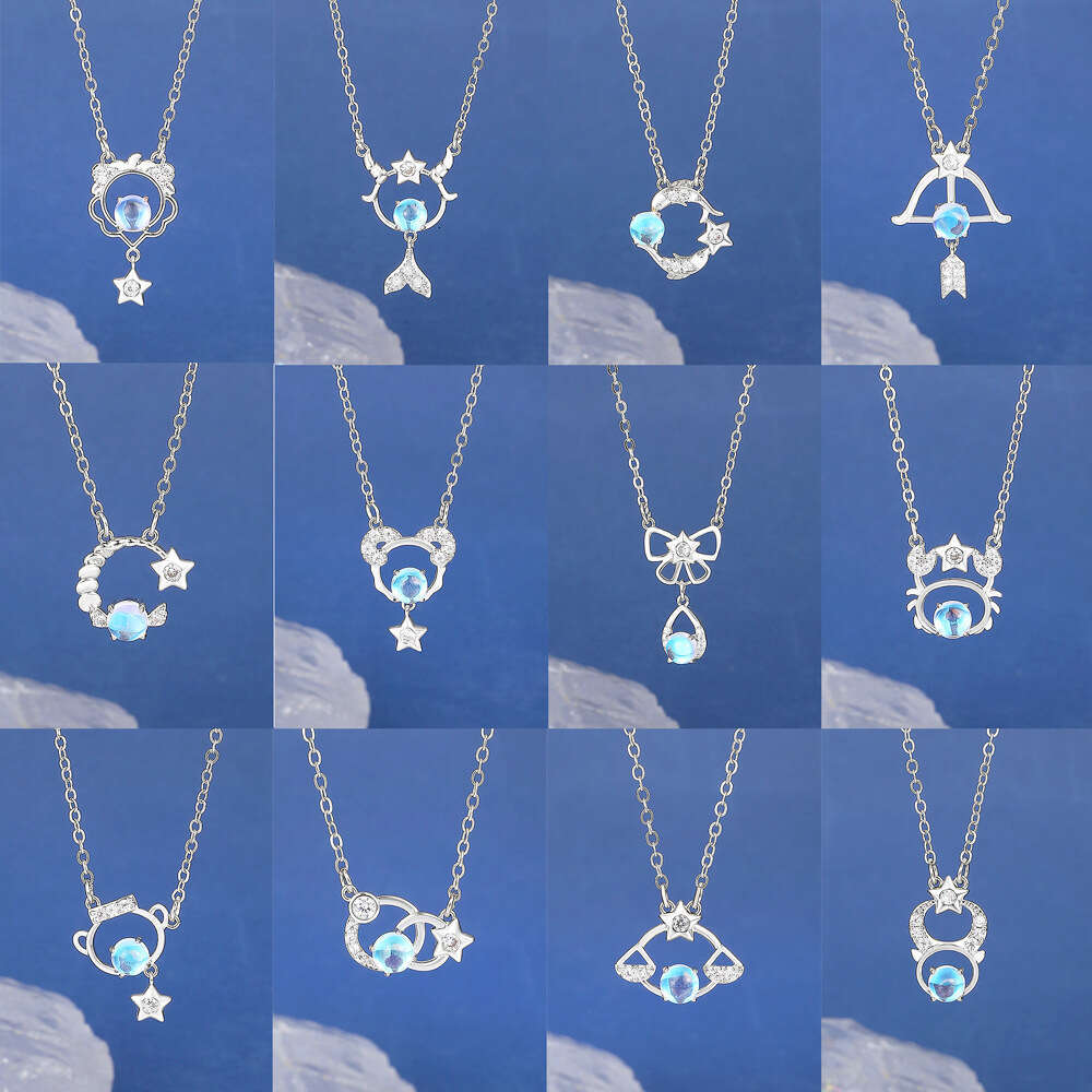 New Zodiac Necklace for Women, Personalized and Elegant Copper Inlaid with Dias, Hollow Moonstone Pendant Clavicle Chain, Birthday Gift