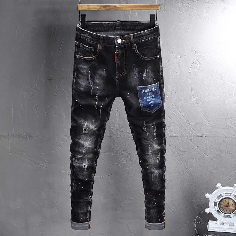 Street Fashion Men Jeans Retro Black Gray Stretch Slim Fit Painted Ripped Jeans Men Pocket Designer Vintage Denim Pants Hombre X250812