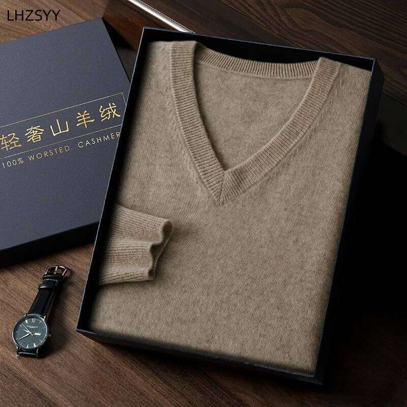 LHZSYY Autumn Winter 100%Pure Cashmere Sweater Men V-Neck Knit Pullover High-End Plus-Size Tops Youth Business Casual Warm Shirt 250812