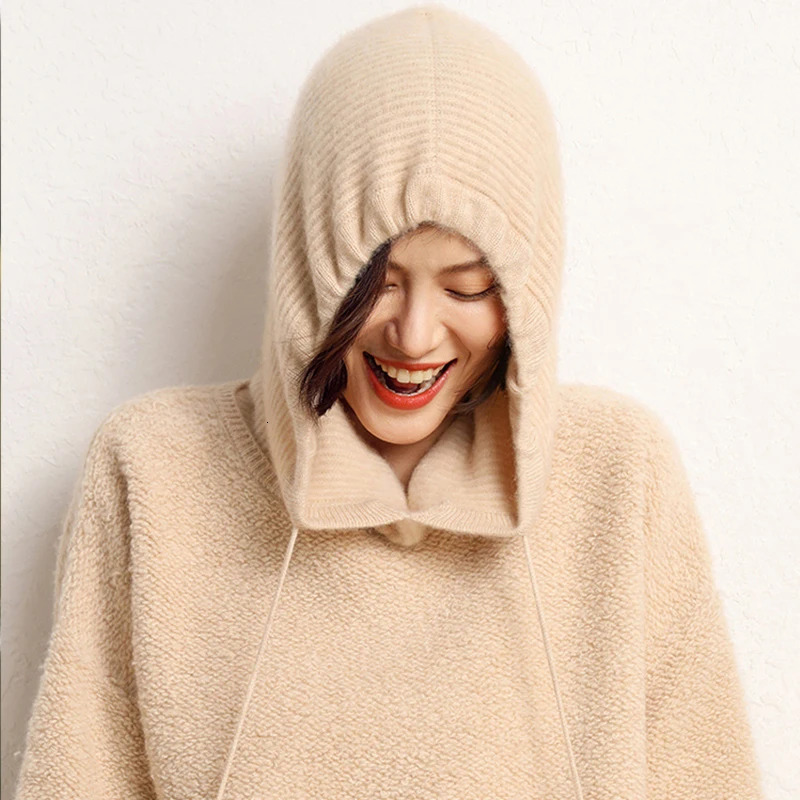 Cashmere Womens Winter Hat 100%Wool Soft Warm Balaclava Beanies Ear Face Neck Protect Dual-Use Fashion False Collar Hat Ski Cap 250808