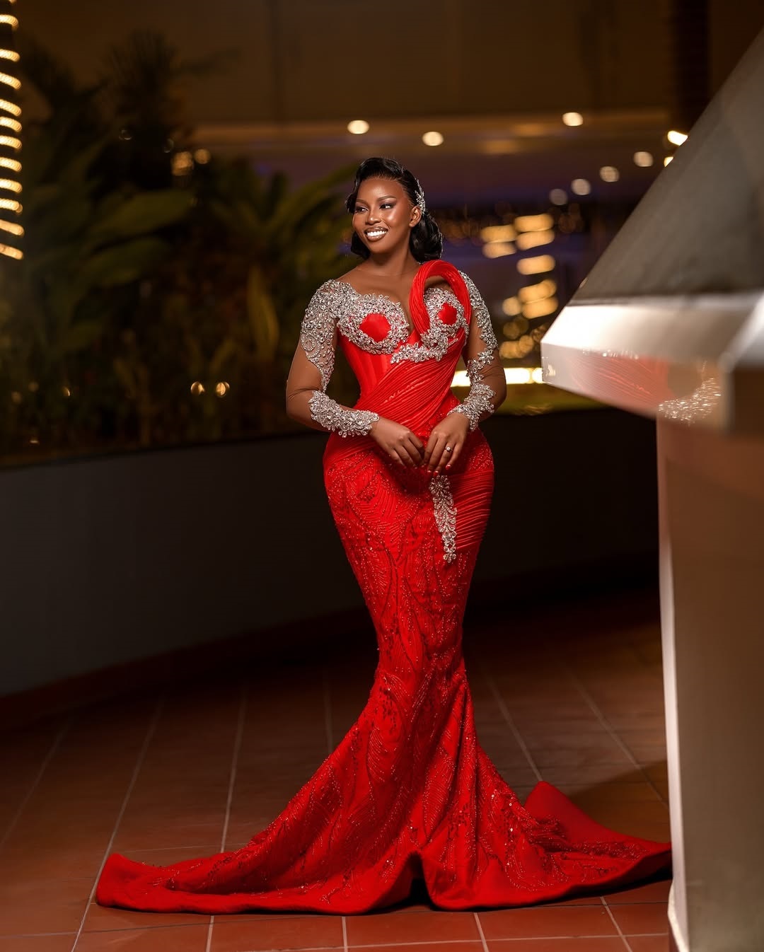 Mermaid Red Plus Size Prom Dress 2025 Evening Dresses For Special Occasions Sheer Neck Beaded Lace Illusion Long Sleeves Birthday Second Reception Gow