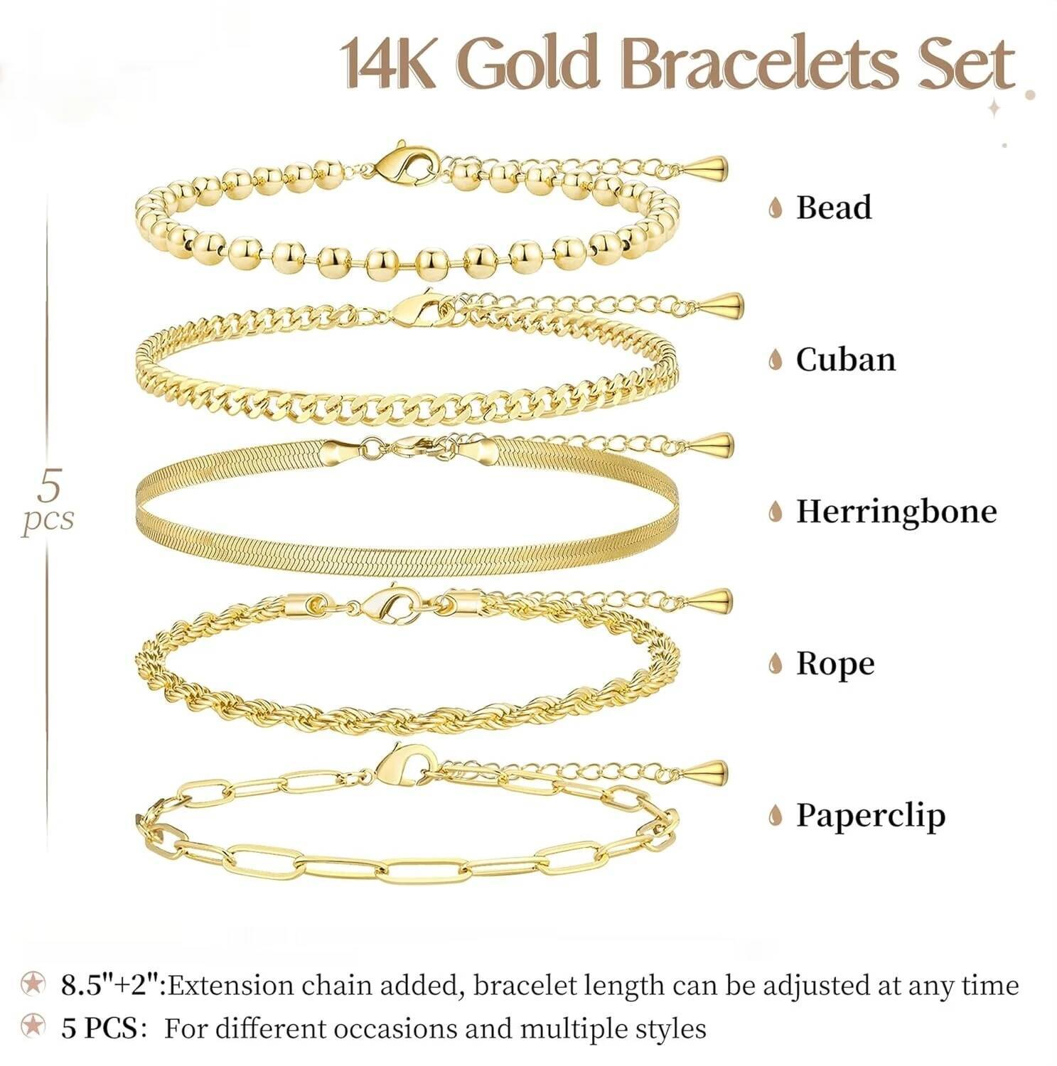 Set Gold Bracelets Stack With Beaded, Cuban, Paperclip, Snake, Rope Gifts for Women