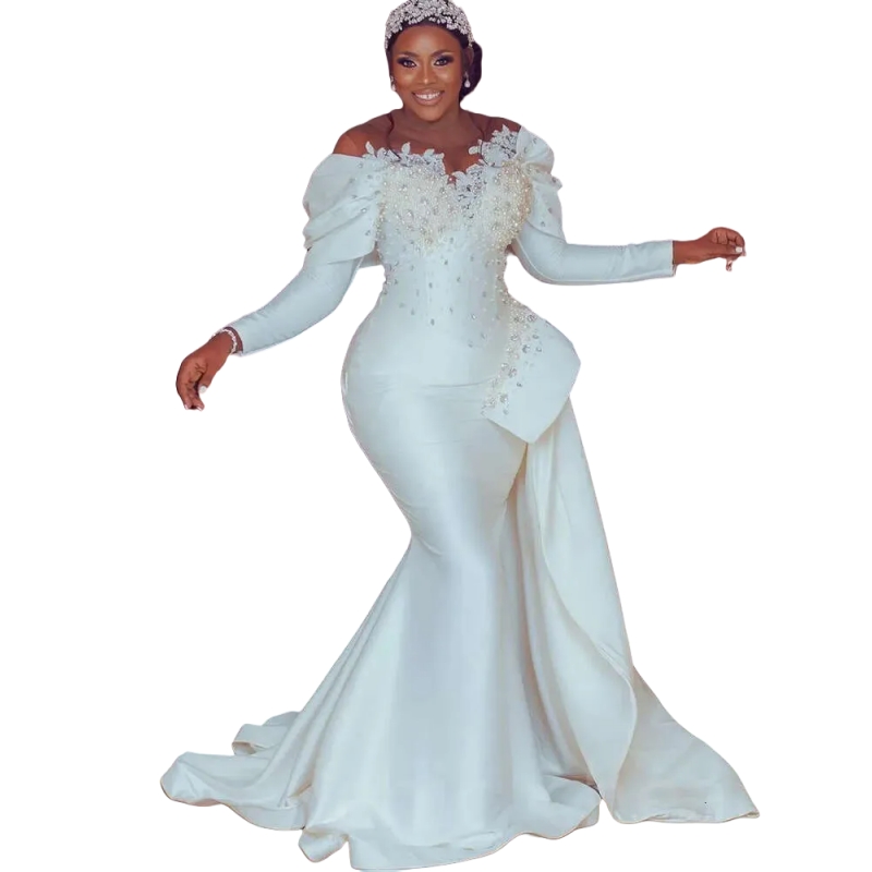 Elegant Mermaid Wedding Dresses Crystals Pearls Beaded Appliques Lace White Satin Bridal Gown Long Sleeves Off Shoulder African Black Girls Formal Dre