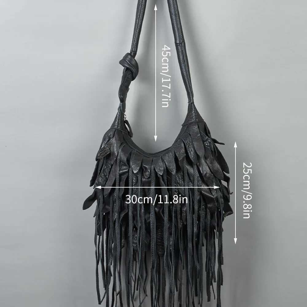 Genuine Leather Womens Bag with Black Stripes and Large Tassels Unique Soft and Stylish Single-Shoulder Womens Bag Z250812