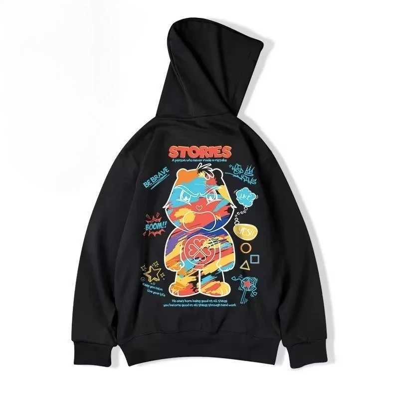 M-8XL HoodiesMen Oversized Hoodie Fashion Loose American Color Graffiti Bear Print Long Sleeve Couple Clothes Y250811