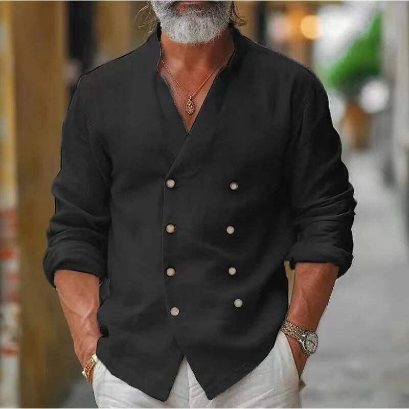 New Spring Autumn Men's Cotton Linen Casual Fashion Double Breasted Tops Vintage Stand Collar Solid Long Sleeve Shirt Men ddmymarket
