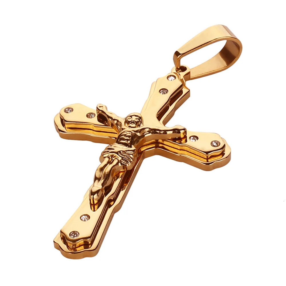 Arrival Jesus Cross Crystal Pendant Necklace Link Byzantine Gold Color Stainless Steel Men Jewelry Collier 21.65 6mm MN81 250805