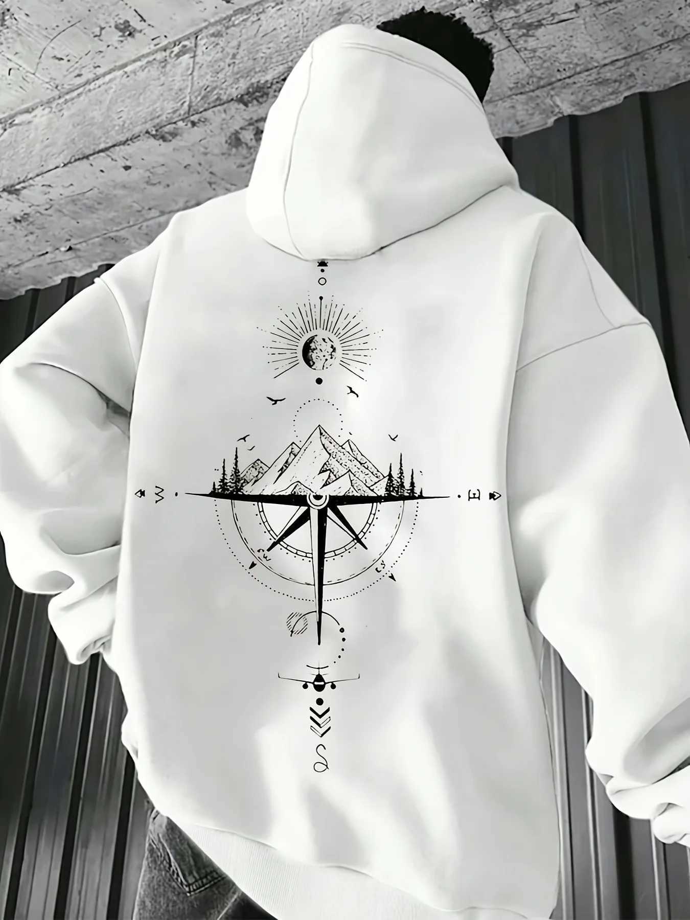 Mens Autumn and Winter Starry Sky Printed Hooded and Fleece Sweatshirt Versatile Sporty and Casual Loose Hooded Sweatshirt Y250811