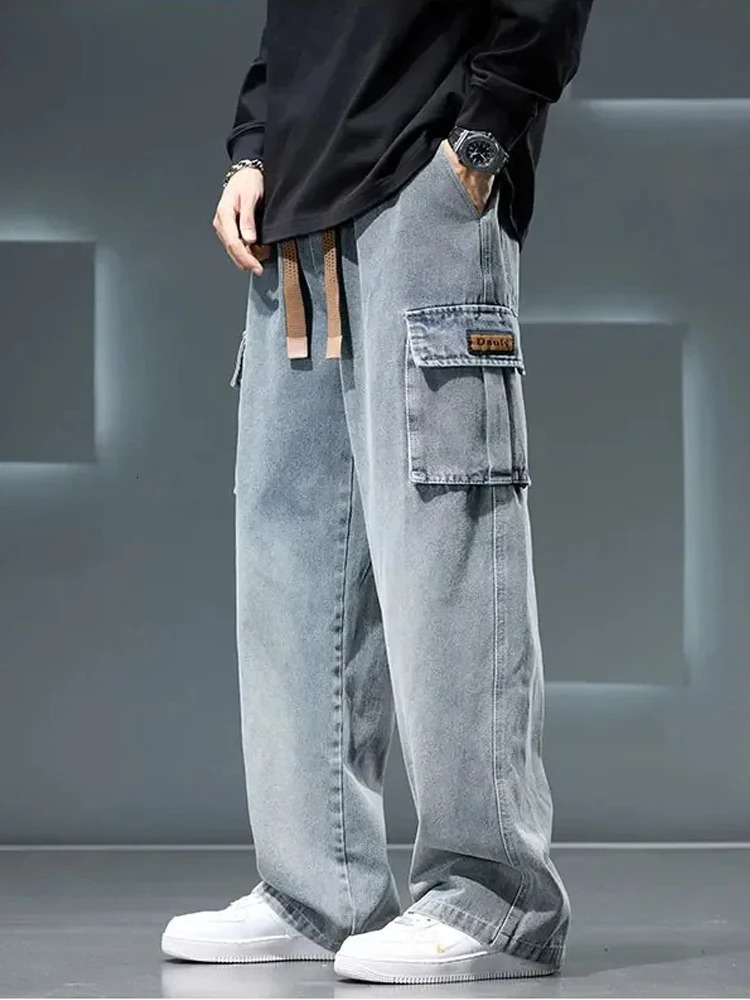 8XL Jeans Wide Leg Washing Pants Men Trousers Neutral Solid Color Loose Casual Korean Fashion Pocket Plus Size Cargo Pant 250811