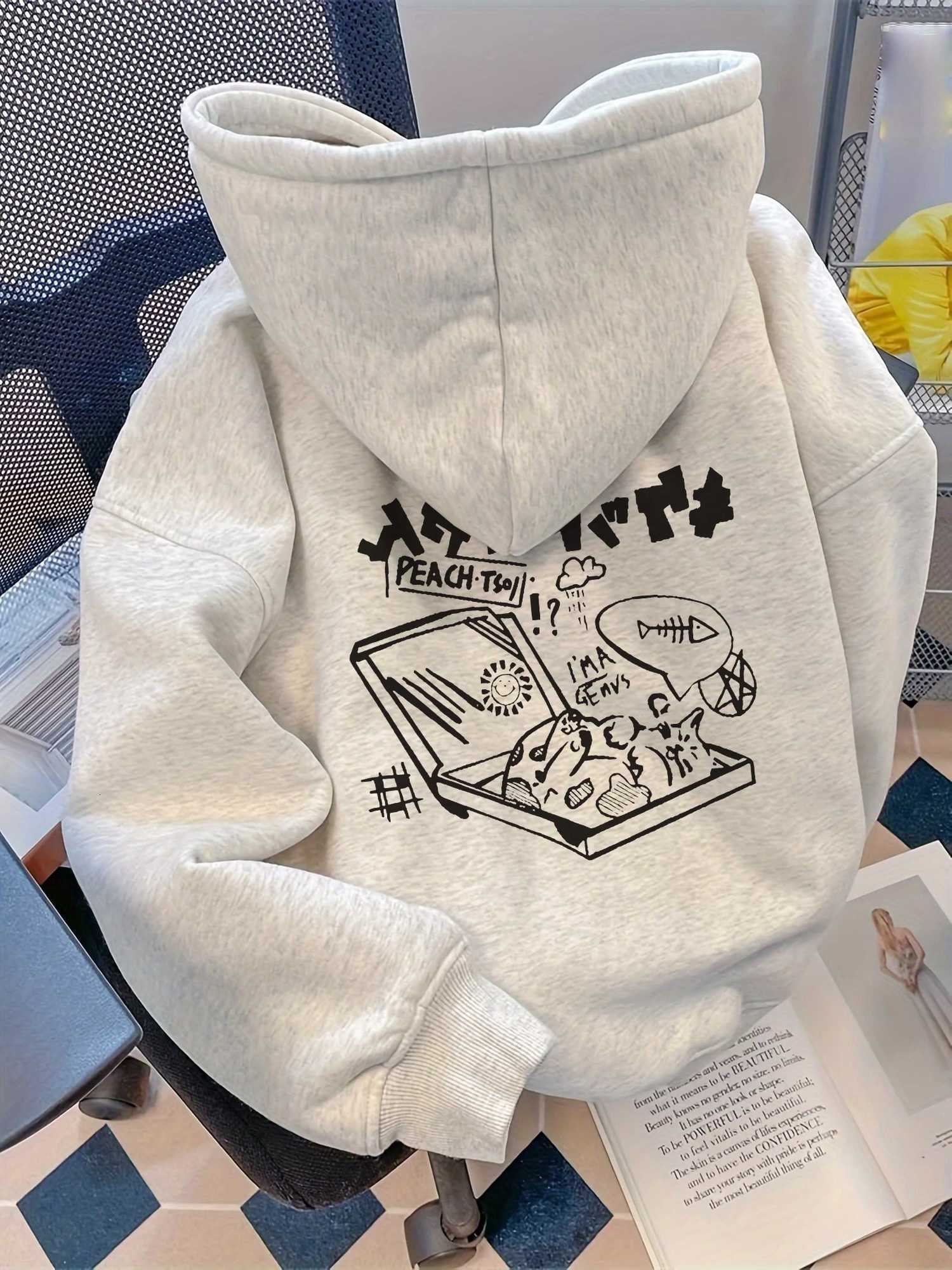 Casual Cotton Blend Hoodie with Geometric Print Loose Fit Knit Fabric Sweatshirt with Hood Slight Stretch for Couples Y250811