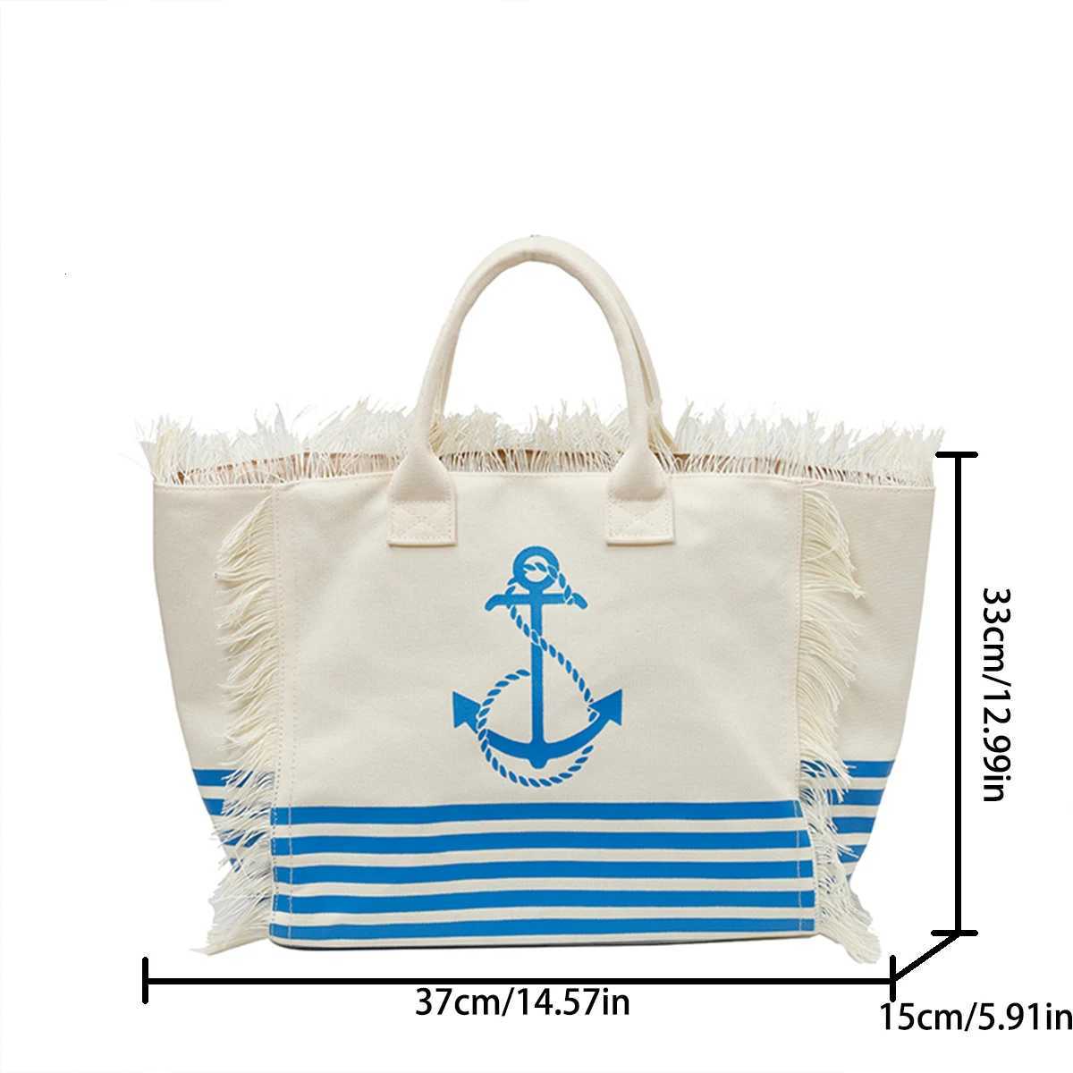 Womens Nautical Tote Bag Anchor Print Striped Design Fringe Trim Large Capacity Open Top Shoulder Bag Lightweight Polyester Z250812