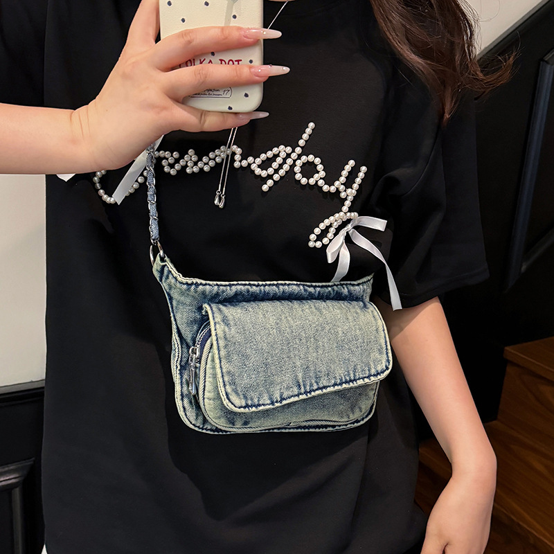 Korean Style Denim Casual Crossbody Women Underarm Motorcycle Summer New Multi-Pocket Shoulder Bag
