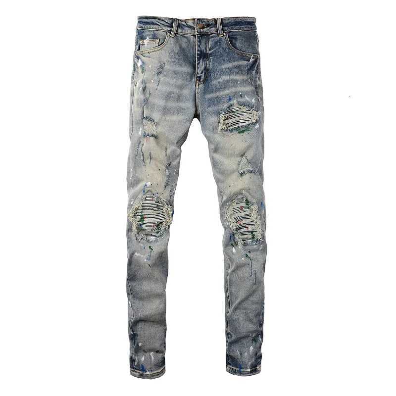 Men Painted Stretch Denim Biker Jeans Streetwear Cracked Patch Patchwork Holes Ripped Distressed Pants Skinny Tapered Trousers X250812