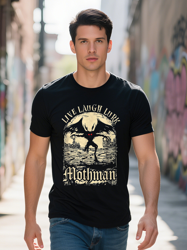 Plus Size Black Cotton Live Laugh Look Up Mothman Graphic T-Shirt for Men Casual Comfortable Fit Funny T-Shirts XL