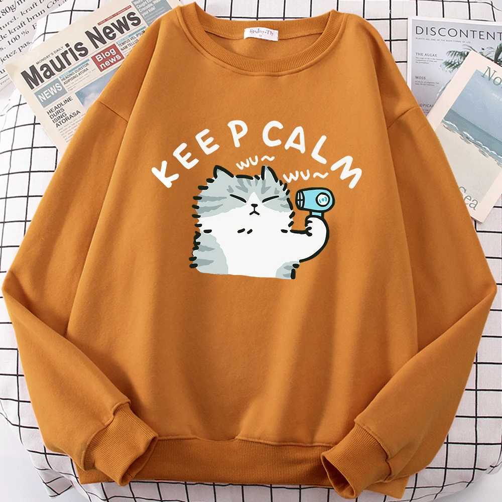 Fun Cat Using Hair Dryer Cute Print Hoodies Men Women Funny Print Japan Fashion Hip Hop Sweatshirt Autumn Fleece Pullover Hoody Y250811