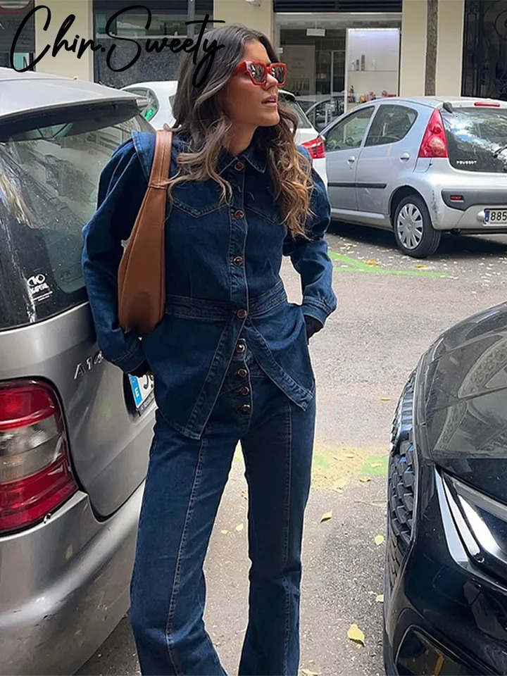 Casual Denim Jacket Pants Set Women Slim Buttons Jackets High Waist Hip Package Pant 2025 Autumn Lady Street Outfit 250808