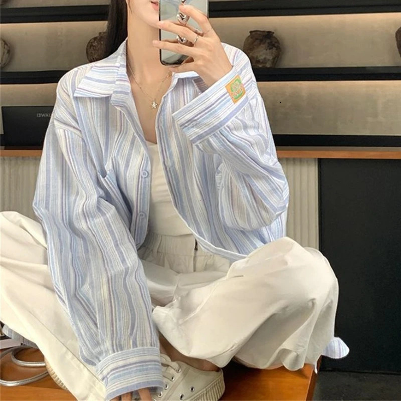 Pink Striped Shirt Women Korean Style Loose Long Sleeved Button Up Blouse Ladies Autumn Wild Streetwear Casual Shirts 2025 250811