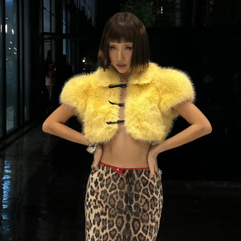 Fashion Cute Women Fur Cardigan Lapel Jackets Tops Short Sleeves Buckle Crop Jacket Outerwear Party Y2k Plush Coats 250808