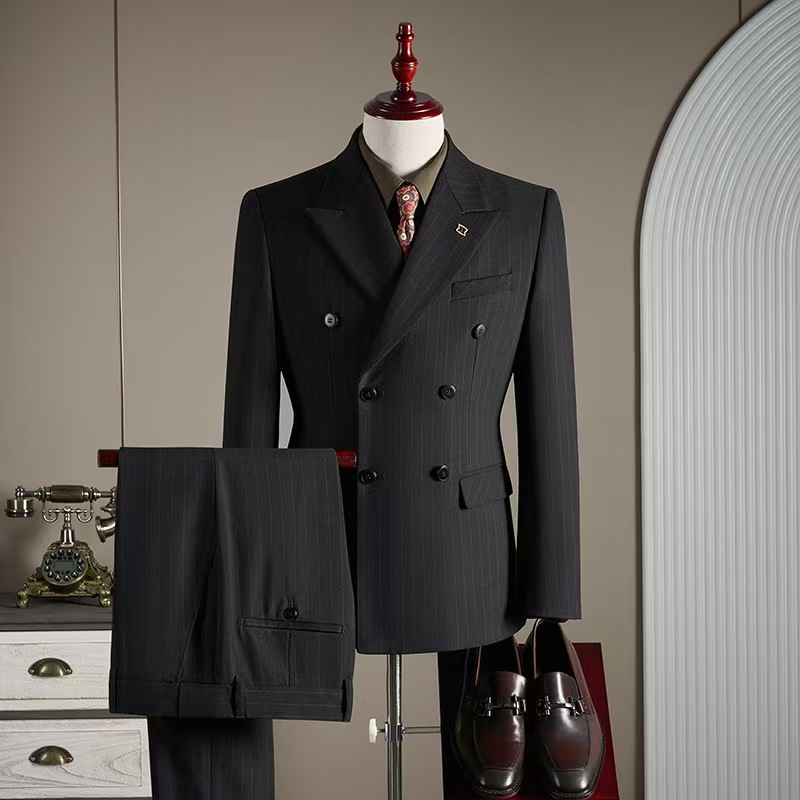 T1422 Men's Striped Three-Piece Suit High Quality Double-Breasted
