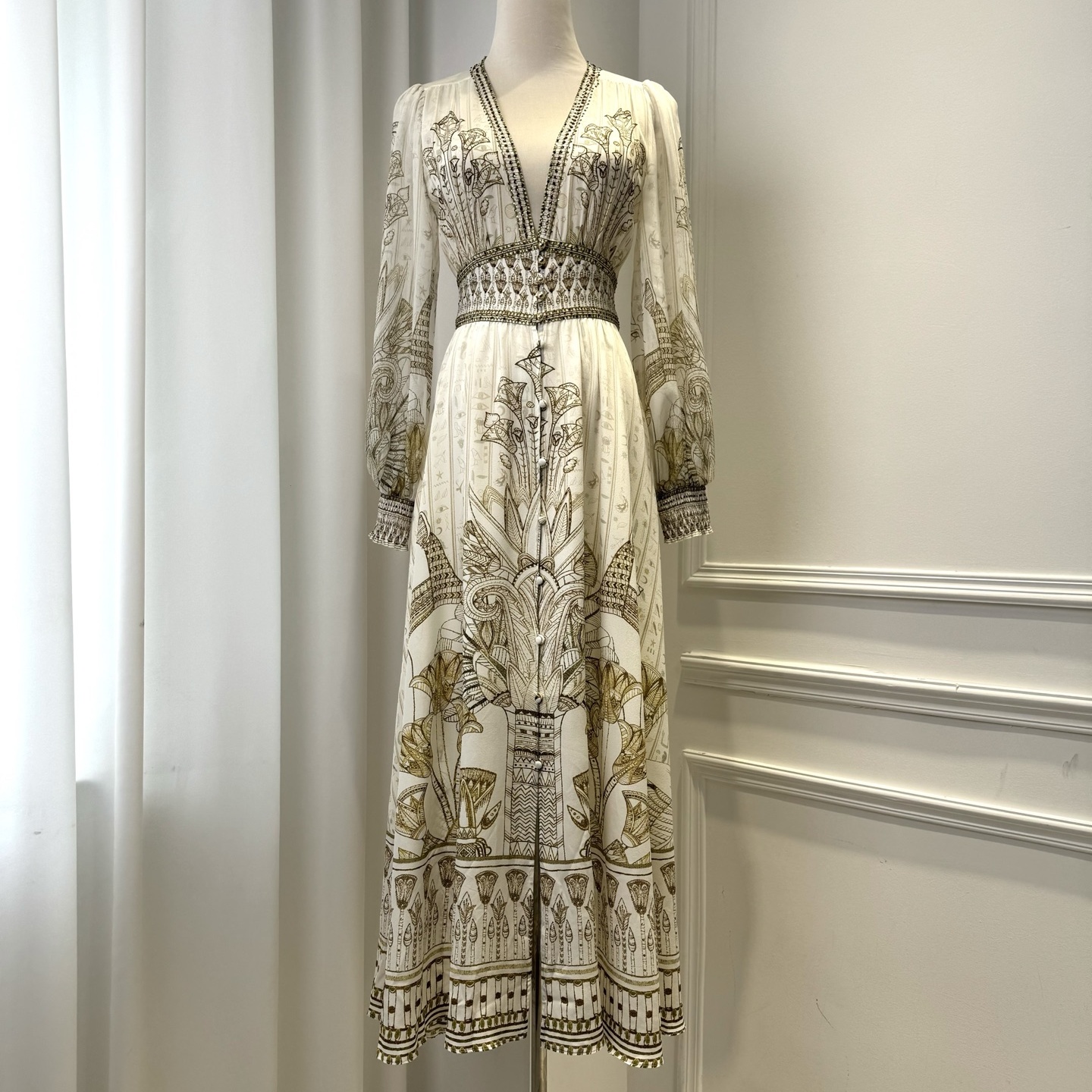 Australian designer dress 2025 new silk rhinestone V-neck embroidered long dress summer vacation dress