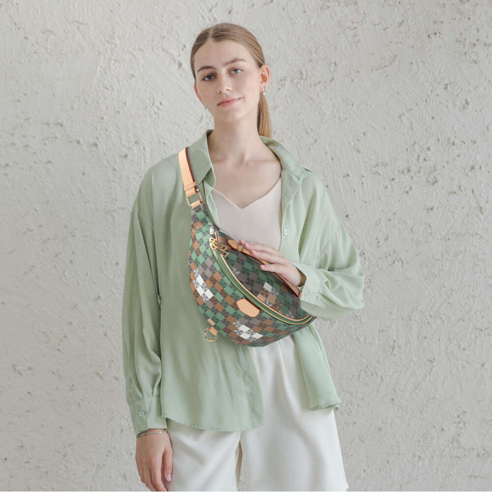 Lacel Urwebin Vintage Checkered Plaid Fanny Pack for Women, Green Brown PU Leather Waist Bag with Adjustable Strap, Fashion Crossbody